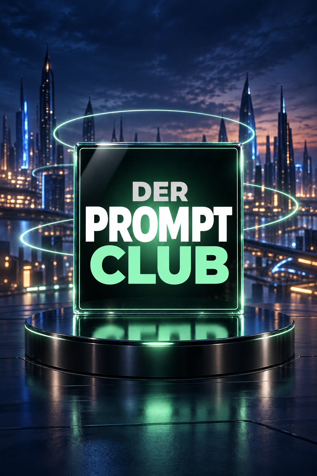 Der Prompt Club vor einer futuristischen Skyline